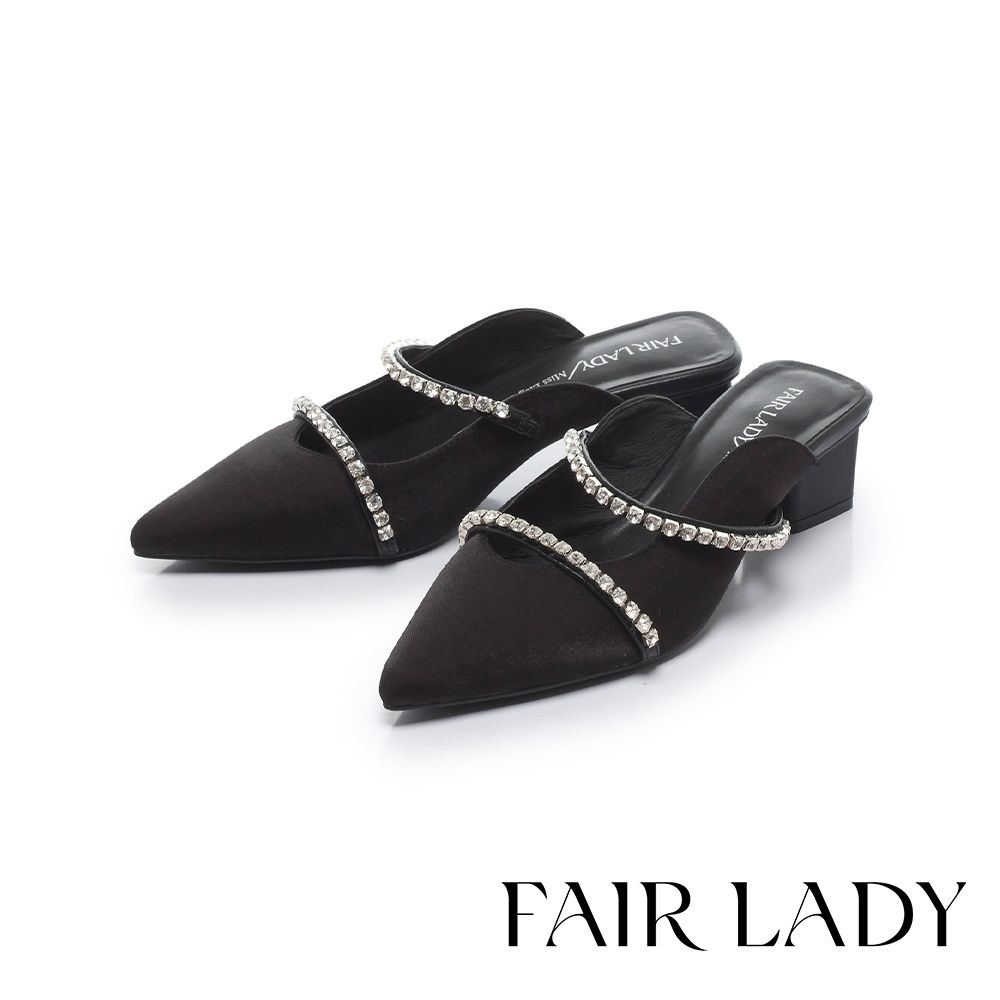 FAIR LADY 優雅小姐 時髦尖頭鑽帶低跟穆勒鞋 絲綢黑 (4A3074)