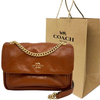 COACH 新款 ELODIE 18 絎縫鏈帶肩背/斜背兩用風琴包附紙袋(楓糖咖)