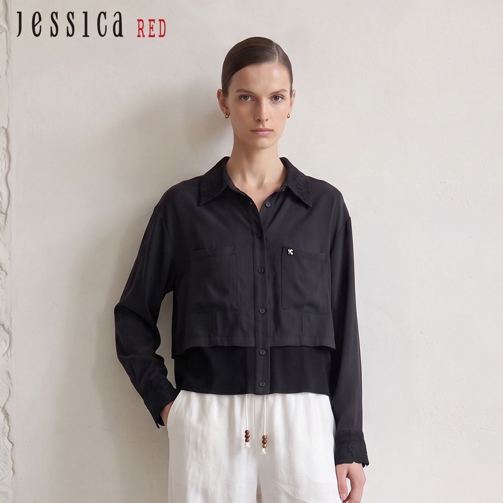 JESSICA RED - 百搭簡約蕾絲領假兩件設計長袖襯衫上衣R62304