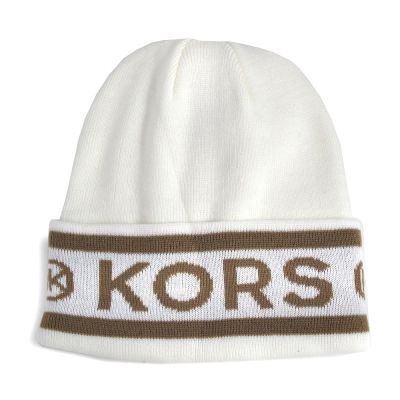 MICHAEL KORS 品牌字樣雙色織紋毛線帽(白金雙色)