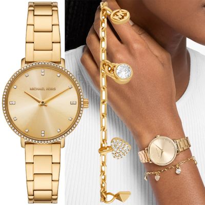 Michael Kors MK Pyper 紐約時尚晶鑽手鍊耳環套錶 女錶 周年慶獻禮 送禮推薦-金/32mm MK7643SET