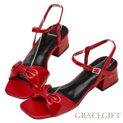 【Grace Gift】甜美假期立體蝴蝶結中跟涼鞋 紅