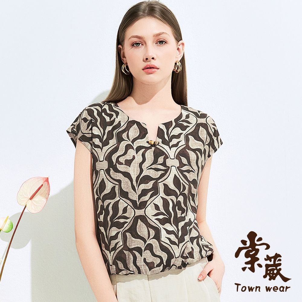 【TOWNWEAR棠葳】植感圖騰涼感上衣(中大尺碼/女上衣/女上著/涼感/連袖/印花) (咖啡色系)