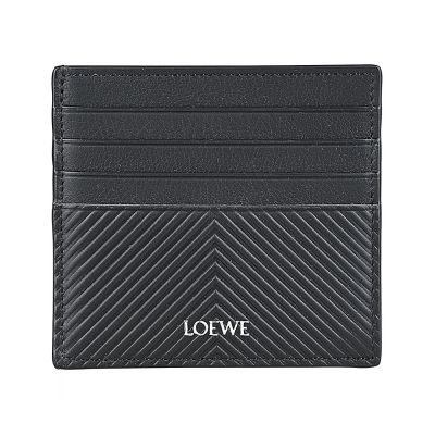 LOEWE 燙印LOGO小牛皮壓紋內搭織布8卡開口式卡夾(黑)