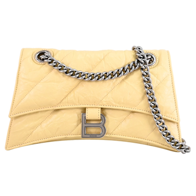 BALENCIAGA巴黎世家 BALENCIAGA CRUSH 金屬B LOGO揉製牛皮斜背鍊包/沙漏包(鵝黃)