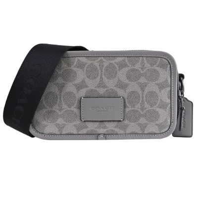 COACH 烙印皮革LOGO印花皮革雙層拉鍊斜背包(灰)