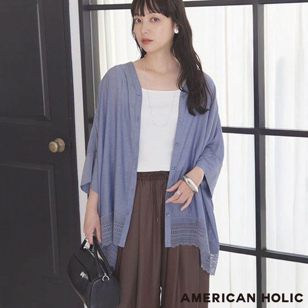〔AMERICAN HOLIC〕精美蕾絲下擺V領襯衫