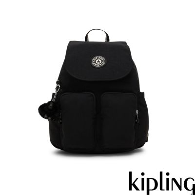 『猴子包』Kipling 黑白織帶掀蓋多袋收納後背包-CITY POCKET S