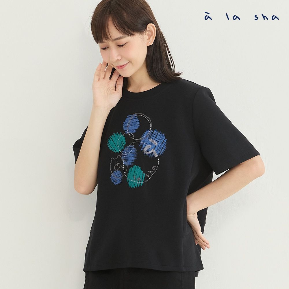 a la sha Polala圓圈繡花造型短T (黑)