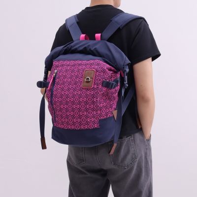 LOEWE 羅威 Roll top 烙印LOGO雙開口緹花帆布後背包(桃/深藍)