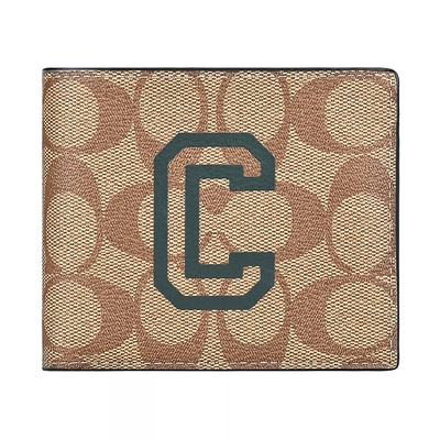 COACH印花LOGO學院風設計PVC10卡對折短夾(卡其x亞馬遜綠)