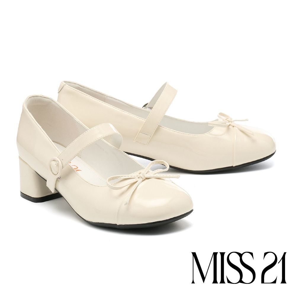 高跟鞋 MISS 21 復古簡約蝴蝶結牛漆皮瑪莉珍方頭高跟鞋－米白