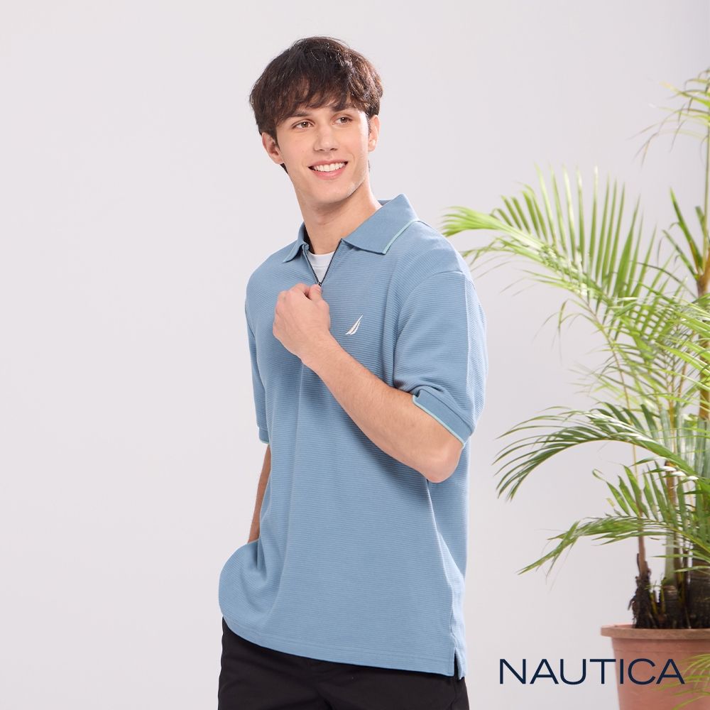 Nautica 官方旗艦 男裝 半襟拉鍊休閒短袖POLO衫-灰藍色