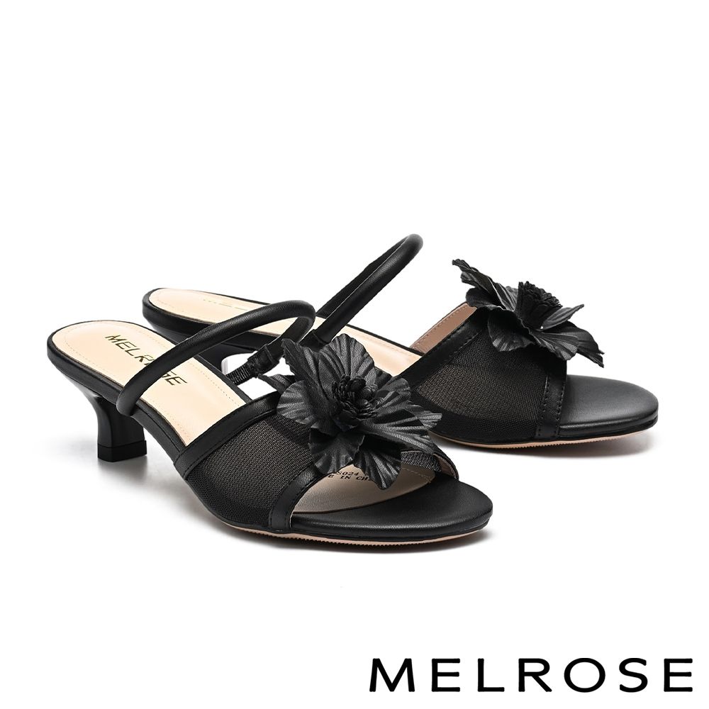 拖鞋 MELROSE 美樂斯 純色鞋花鏤空網紗羊皮高跟拖鞋－黑