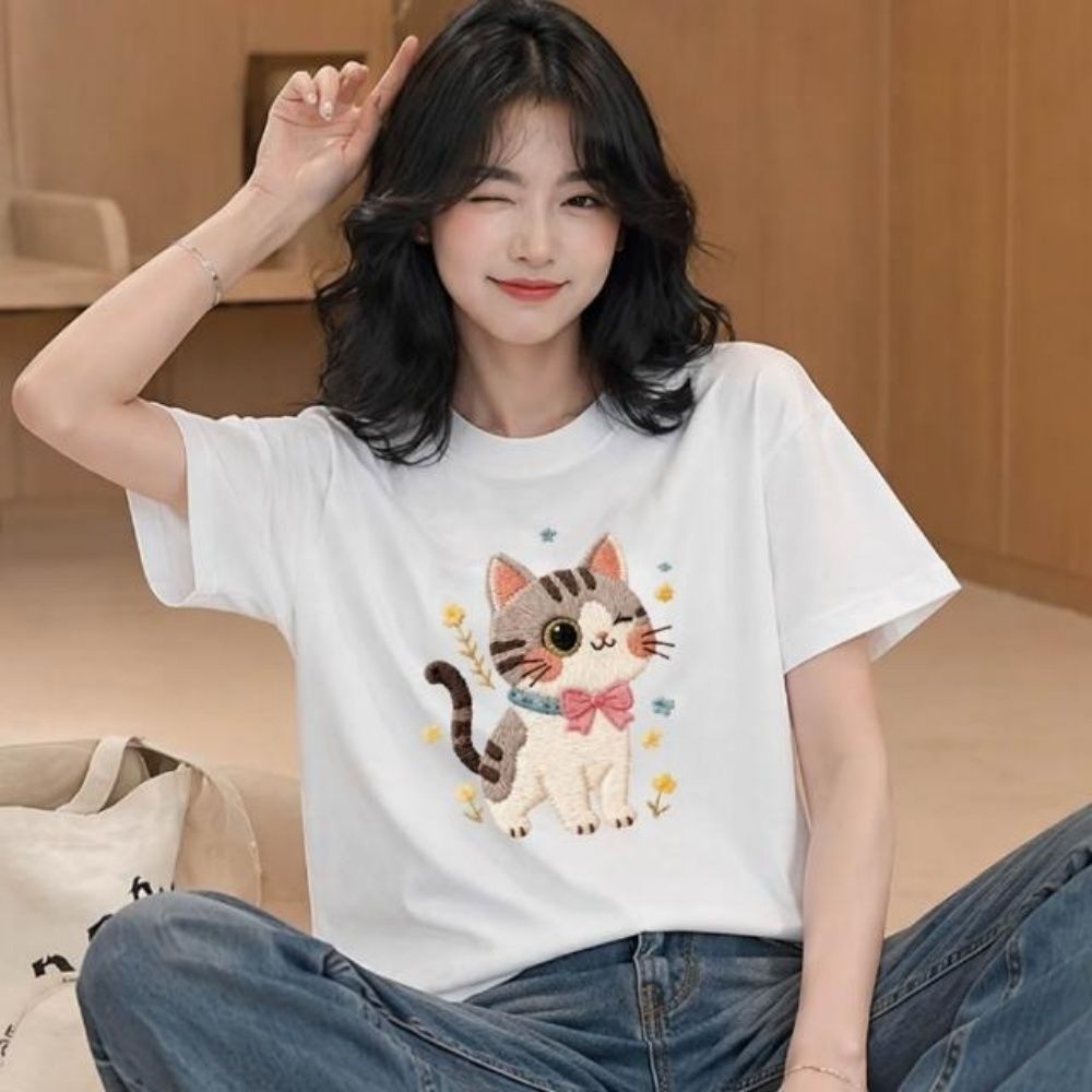【LANNI 藍尼】★可愛貓咪圓領短袖T恤(女裝/圓領上衣/休閒/百搭/日系/通勤) (白)