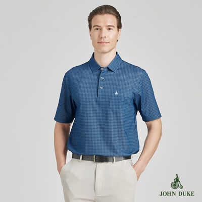 【JOHN DUKE約翰公爵】男裝吸排彈性抗UV襯衫領印花短袖休閒POLO衫 藍(20-4V2831)