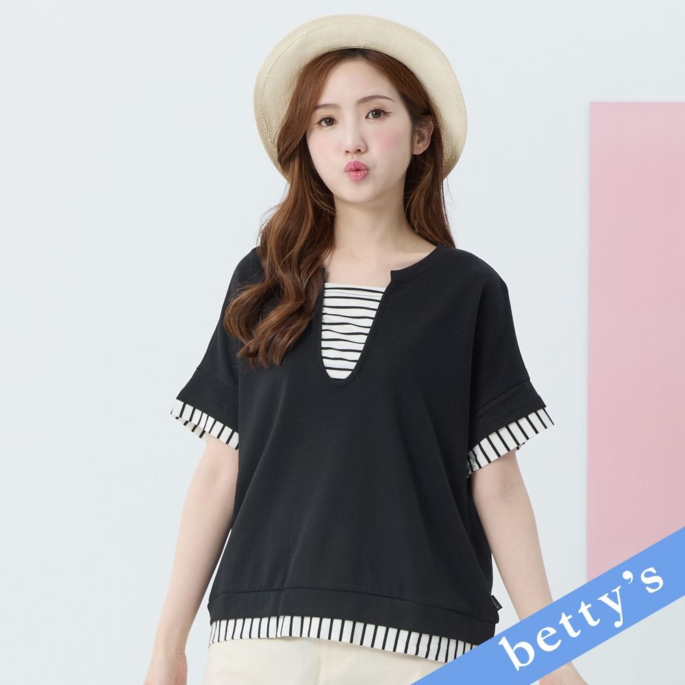 betty’s貝蒂思　條紋拼接上衣(黑色) (黑色)