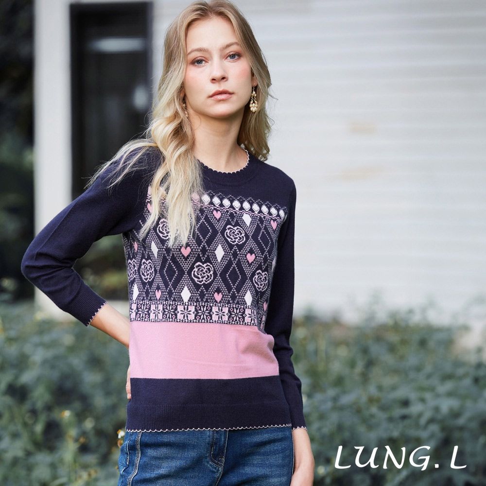 LUNG.L林佳樺 藍色配粉色經典菱形格紋長袖女裝針織衫(毛衣） L861A