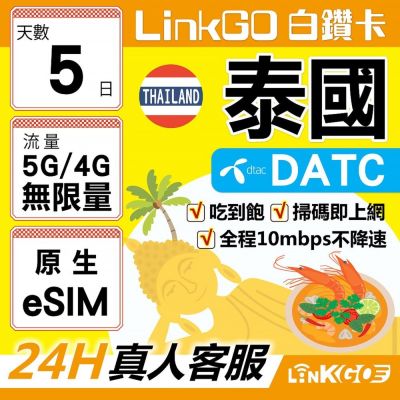LINKGO白鑽卡 泰國原生 eSIM卡 DTAC 5天吃到飽不降速 高速流量(泰國網卡 曼谷 清邁 芭達雅)
