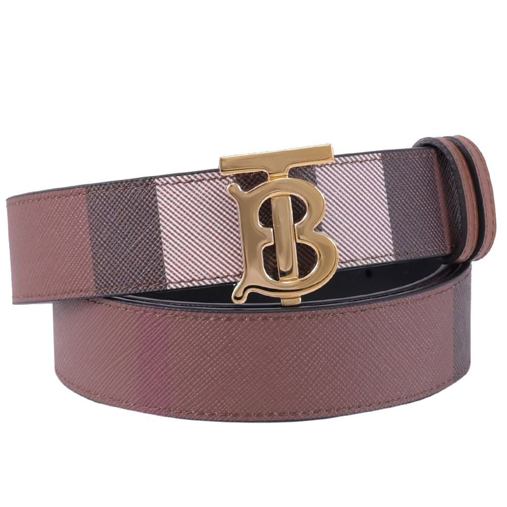 BURBERRY 金屬TB LOGO經典格紋塗層皮革皮帶(樺木棕)