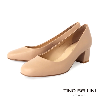 Tino Bellini 巴西進口復古女伶圓頭5CM粗跟鞋 米