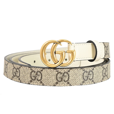 GUCCI GG Marmont 經典雙G皮帶釦印花窄版穿釦式皮帶(白邊/淺駝色)