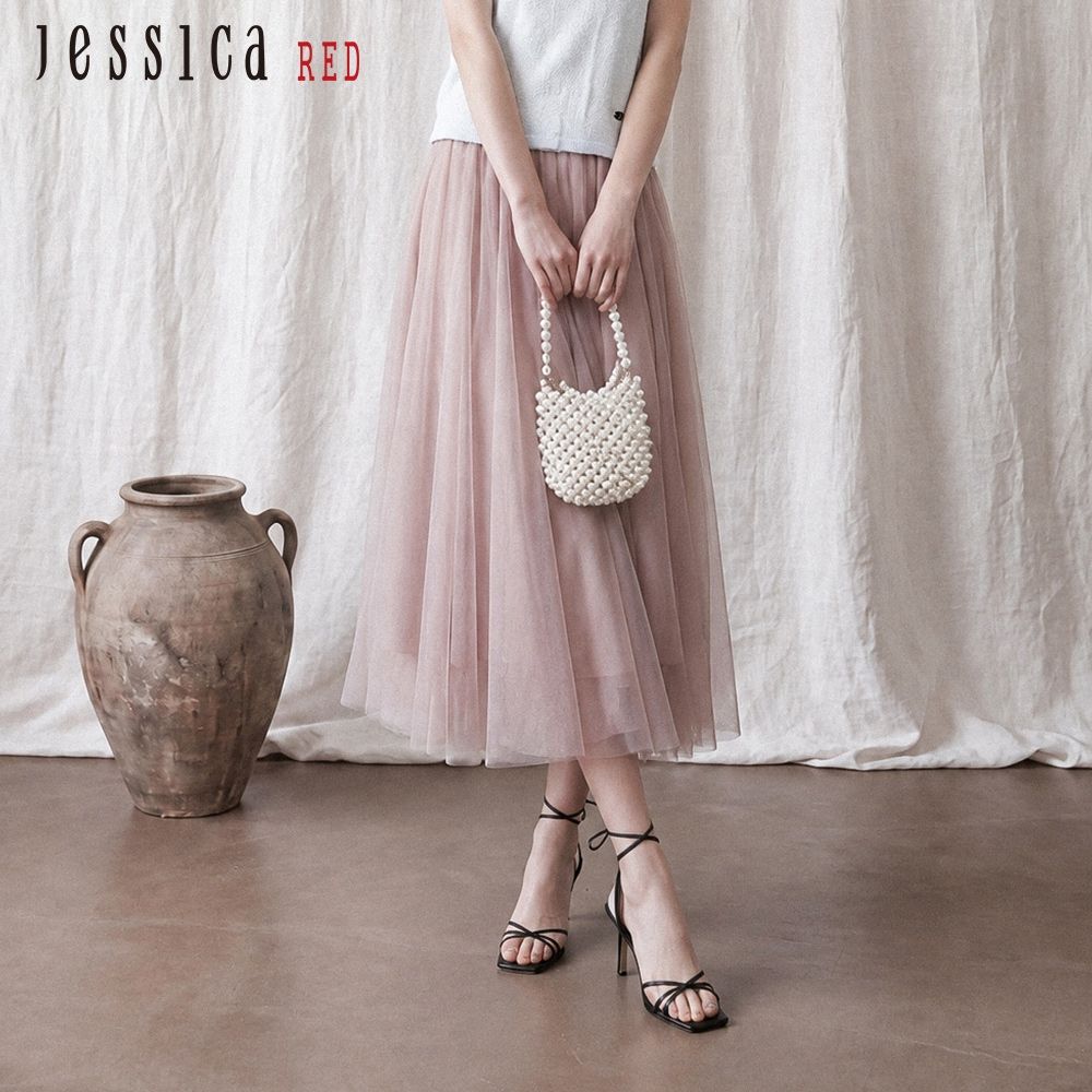 JESSICA RED - 溫柔氣質寬鬆鬆緊腰長紗裙（粉）R62103