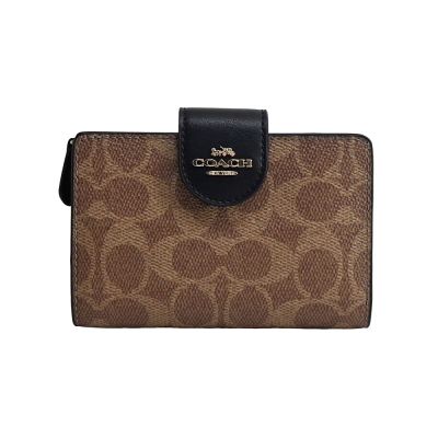COACH 立體馬車LOGO素面防刮釦式中夾(卡其黑)