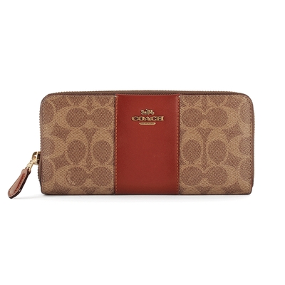 COACH 專櫃款 ACCORDION 經典滿版C LOGO PVC拼接直條皮革拉鍊長夾-咖啡