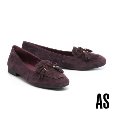 低跟鞋 AS 沉穩復古蝴蝶結流蘇羊麂皮樂福低跟鞋-紫