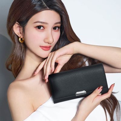 2R 掌紋牛皮 Ivelyn 多格層翻蓋長夾 實搭黑