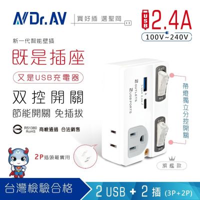【N Dr.AV聖岡科技】(2入)雙USB孔+2插 節能分接插座 2.4A快充 Type-C 獨立開關 壁插 擴充插座 TNT-863U(A)