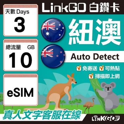 LINKGO白鑽卡 紐澳 eSIM卡 3天上網絡卡 總流量10GB 高速流量(紐澳網絡卡 紐西蘭 澳洲 虛擬卡)