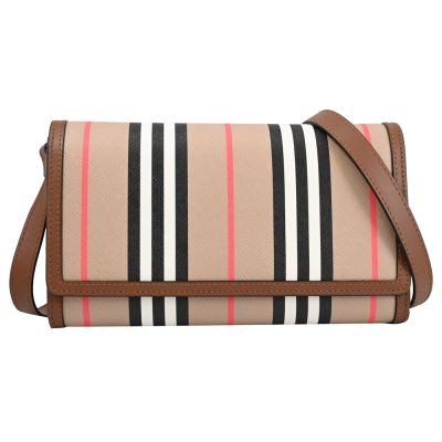 BURBERRY 巴寶莉 HANNAH 經典英倫條紋信封式多卡翻蓋斜背包/WOC(卡其/咖)