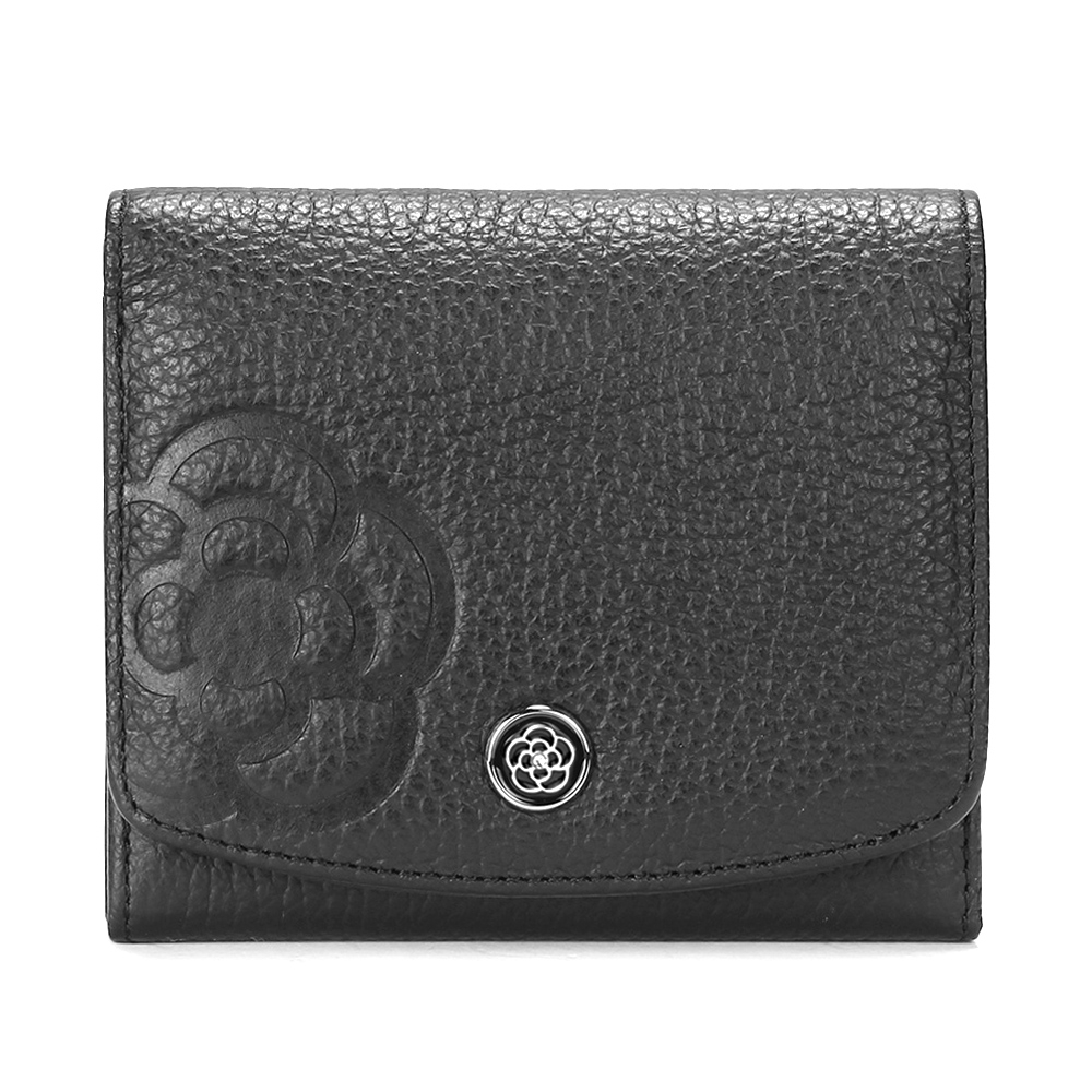 CLATHAS 山茶花烙印LOGO荔枝紋皮革壓釦短夾-黑色