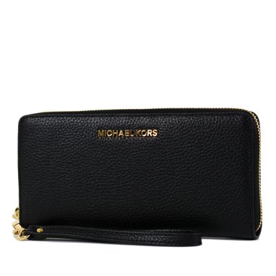 MICHAEL KORS 金字小LOGO荔枝紋多卡層手掛式拉鍊長夾-黑色