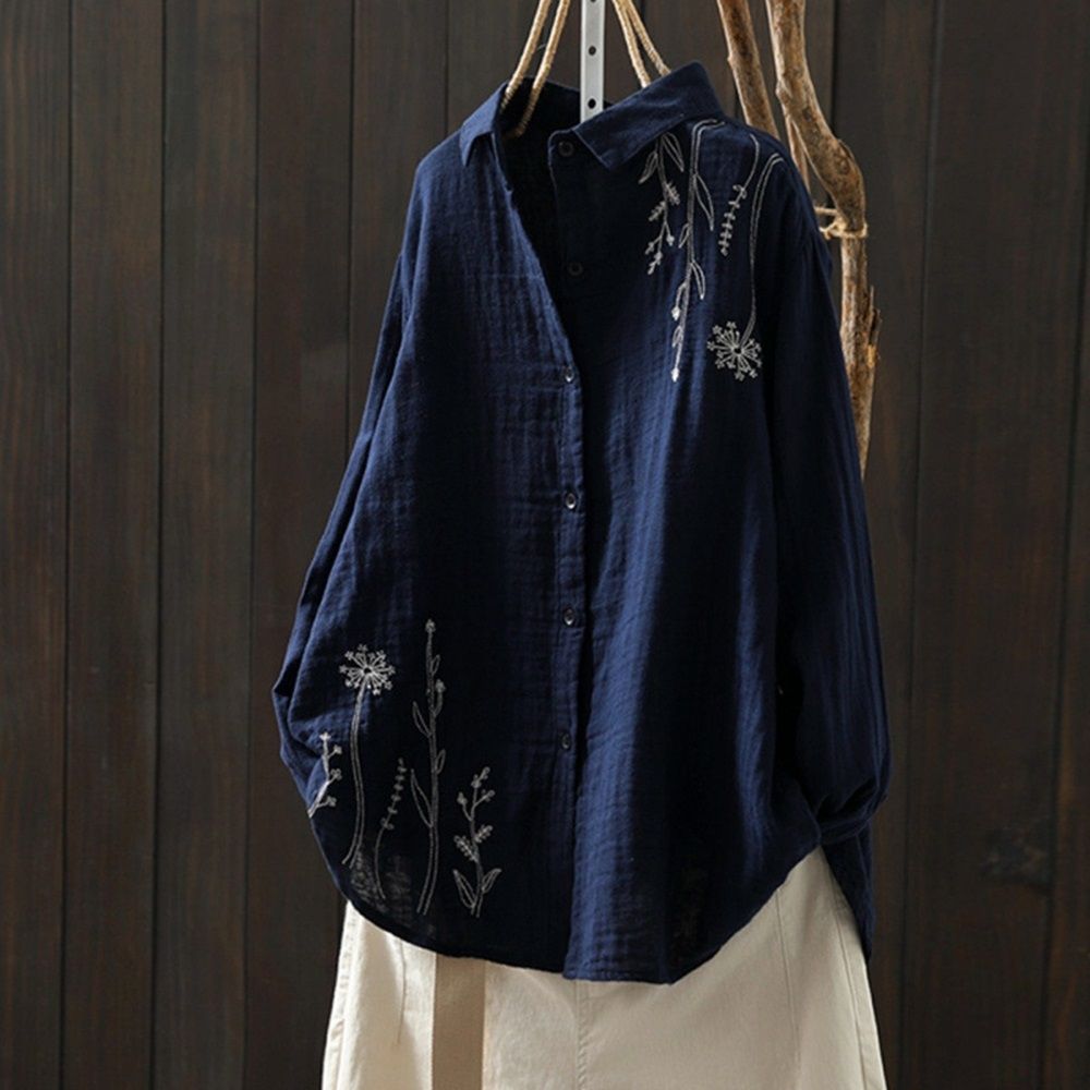 設計所在 棉麻隨性風 雙層棉紗刺繡長袖襯衫(2色可選) 1424-9 (藏青色)
