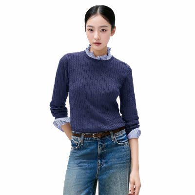 TOMMY 熱銷圓領Logo麻花針織毛衣(女)-深藍色