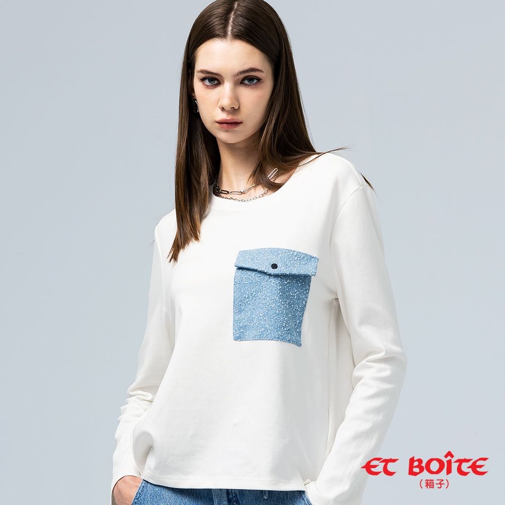 ET BOîTE 箱子 BLUE WAY – 小香風拼接口袋結構長TEE(白)