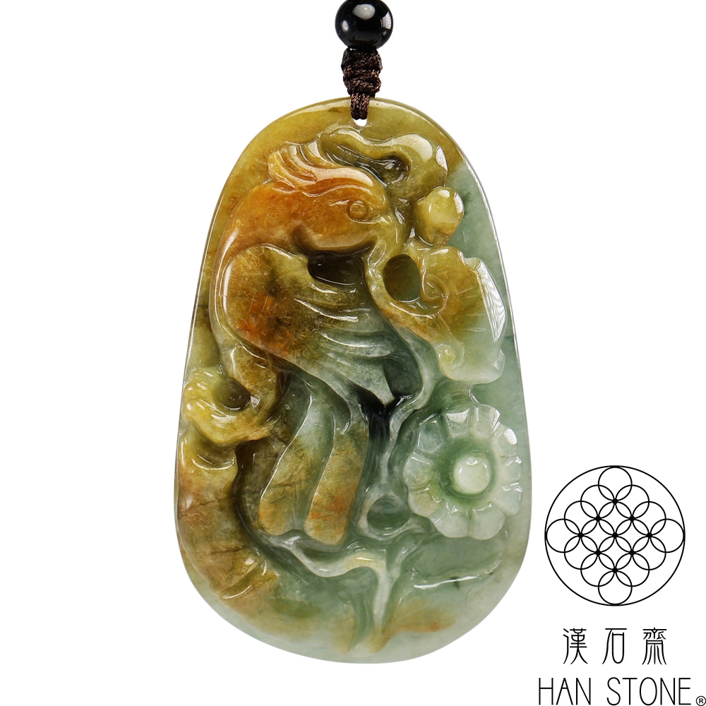 漢石齋】天然翡翠A貨繁花喜鵲玉佩吊墜飄花種帶紅黃翡(41*66*12mm) | 漢