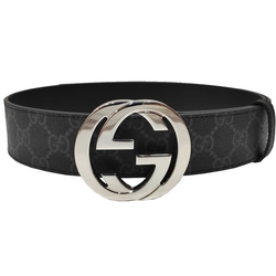 GUCCI 古馳】411924 經典雙G金屬銀釦防水帆布皮革腰帶/皮帶(黑灰色