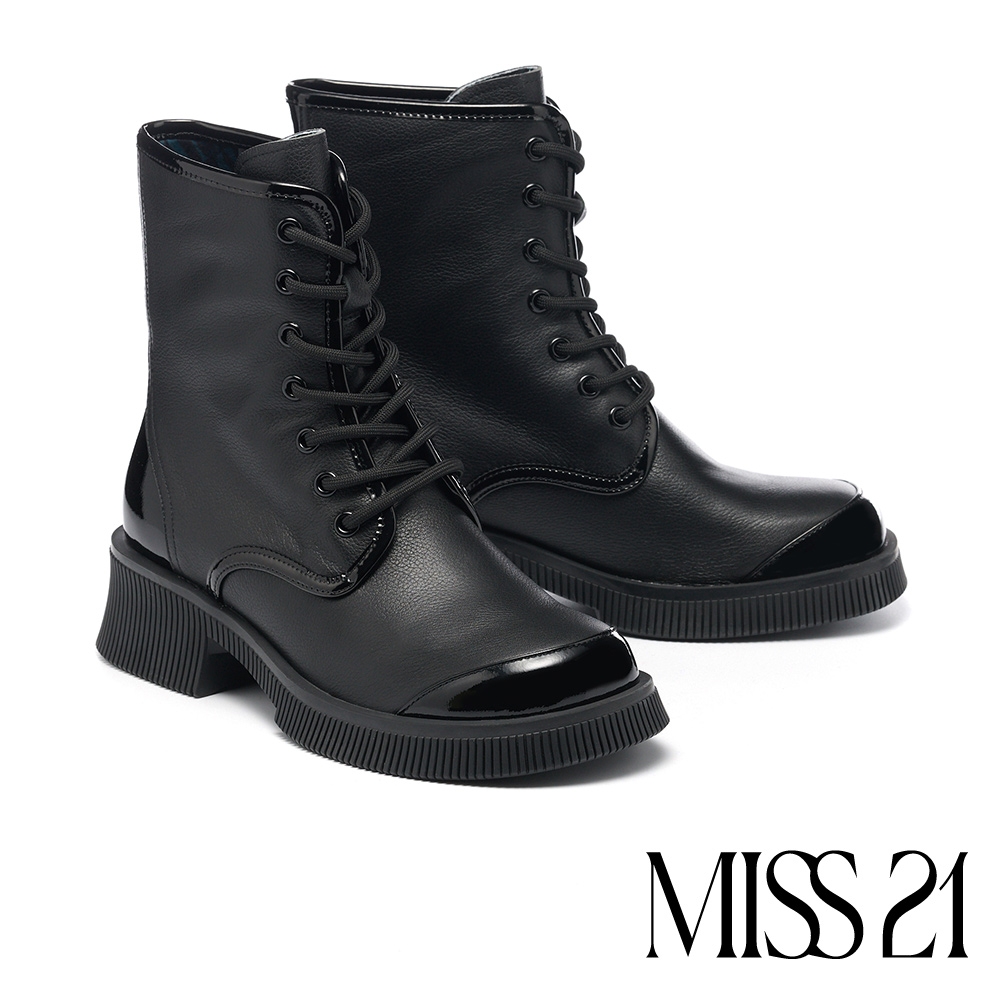 短靴 MISS 21 未來個性異材質綁帶大頭高跟厚底短靴－黑