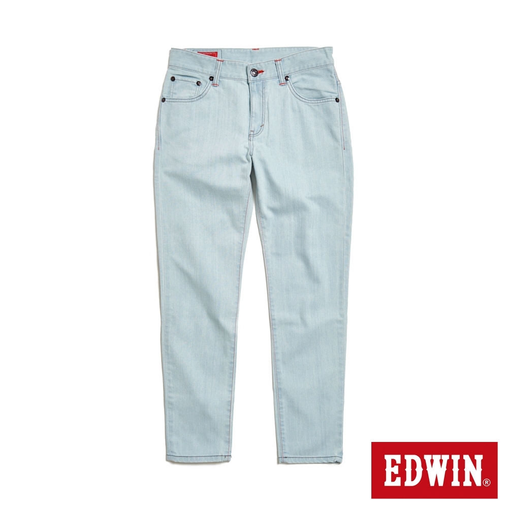 EDWIN 男裝 斜袋紅線窄管牛仔褲-漂淺藍