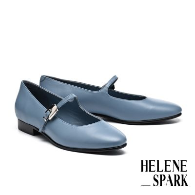 低跟鞋 HELENE_SPARK 復古時尚金屬半邊釦繫帶羊皮瑪莉珍低跟鞋－藍