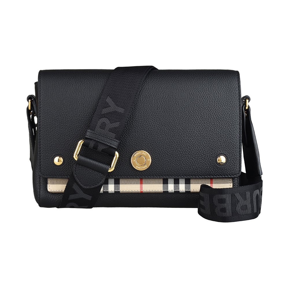 BURBERRY 巴寶莉  Note黑字LOGO小牛皮釦式肩背斜背方包(黑x米格紋)