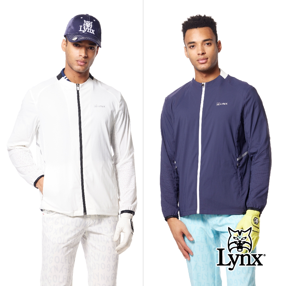 【Lynx Golf】男款吸排機能輕薄舒適網布剪接設計反光貼膜造型拉鍊口袋長袖外套(二色) (白色)