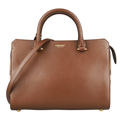 BURBERRY BANWELL金字燙印LOGO粒面牛皮拼接帆布手提肩背斜背包(大地棕x米)