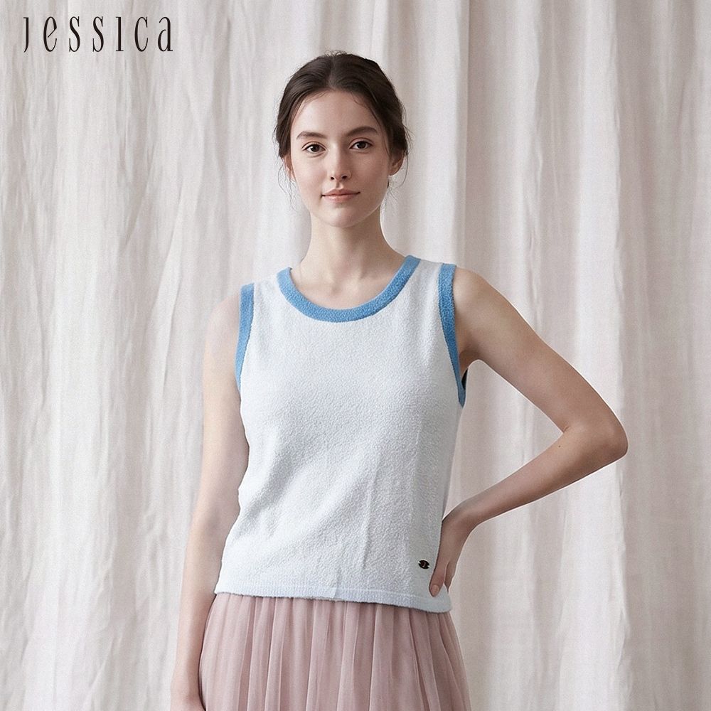 JESSICA - 清新百搭撞色邊無袖針織背心（藍）262502