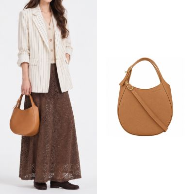 LONGCHAMP LE FOULONNÉ系列牛皮簡約圓弧手提/斜背兩用包(小/核桃)