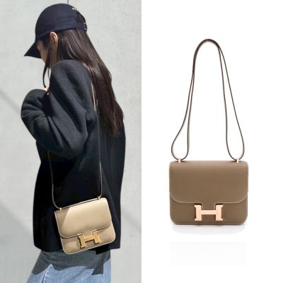 HERMES 愛馬仕 Mini Constance 牛皮翻蓋斜背包/康康包(Etoupe大象灰/玫瑰金)